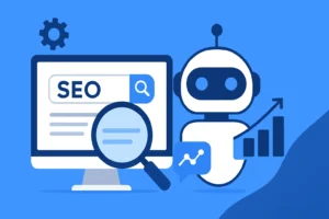 Flat-style digital illustration of AI and SEO, featuring a computer monitor with an SEO search bar, magnifying glass, and a friendly robot with analytics and growth icons on a blue background.